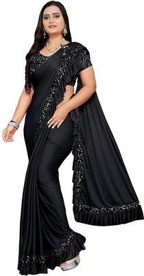 Jagrita Solid/Plain Bollywood Lycra Blend Saree(Black)