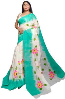 ANU INDIAN FASHION Hand Painted, Floral Print, Tie-Dye Handloom Cotton Blend Saree(White, Light Blue)