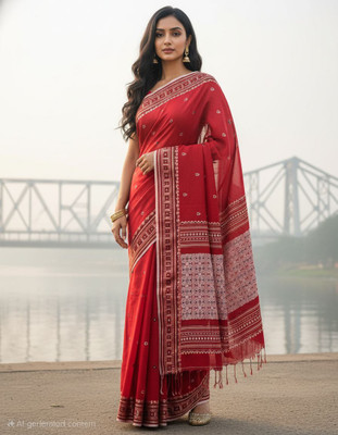 Fabloom Embroidered, Woven Handloom Khadi, Cotton Blend Saree(Red, White)