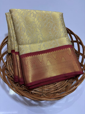 Farhan silk creation Hand Painted Banarasi Silk Blend, Tissue Saree(Gold)