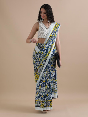 blockpuls Hand Painted Handloom Pure Cotton Saree(Multicolor)