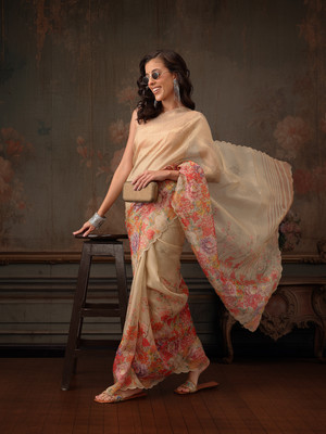 Tasrika Digital Print Bollywood Tissue Saree(Beige)