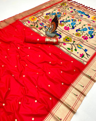 Divastri Woven Paithani Cotton Silk Saree(Red)