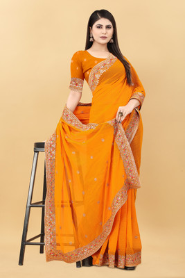 FluteFashion Embroidered Bollywood Georgette Saree(Mustard)