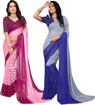 Moda Rapido Self Design, Striped, Ombre Bollywood Satin Saree(Pack of 2, Pink, Purple)