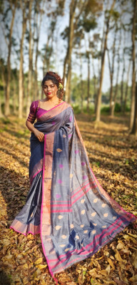 SAYAN CREATION Self Design Handloom Pure Cotton Saree(Grey)
