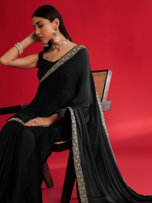 Sareemall Embellished Bollywood Satin Saree(Black)