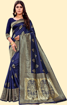 tapovan fashion Embellished, Self Design, Woven Kanjivaram Silk Blend, Jacquard Saree(Blue)