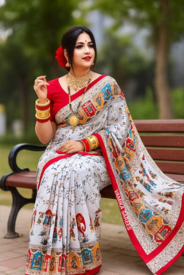 HouseOfCommon Printed Sambalpuri Pure Cotton Saree(White)