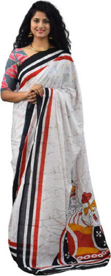 Tropwear Printed, Self Design, Digital Print, Hand Painted, Blocked Printed Sambalpuri Pure Cotton Saree(White)