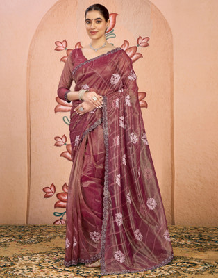 Samah Embroidered, Embellished Bollywood Net Saree(Maroon)