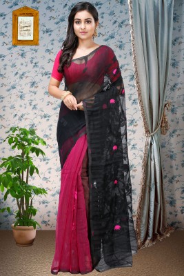 DipDiya Embellished, Woven Jamdani Pure Cotton Saree(Black, Maroon)