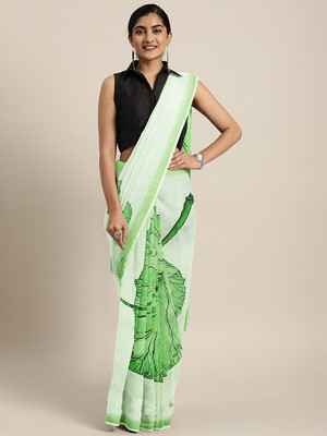 Saanjh Floral Print Saree with Attached Blouse Silk Blend Saree(Green)