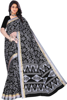 Vastram Creation Floral Print Bollywood Cotton Blend Saree(Black)