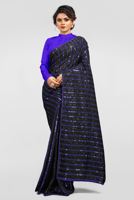 3Buddy Fashion Striped, Embroidered, Embellished Jamdani Pure Silk Saree(Blue, Black)