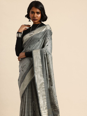 Taavi Self Design Handloom Silk Blend Saree(Grey)
