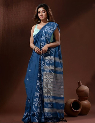 Amita Collections Woven Daily Wear Pure Cotton Saree(Blue)