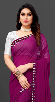 The Fashion Tax Embellished, Solid/Plain Banarasi Georgette Saree(Purple)