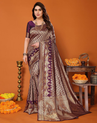 YASHIKA Printed Kanjivaram Silk Blend Saree(Purple)