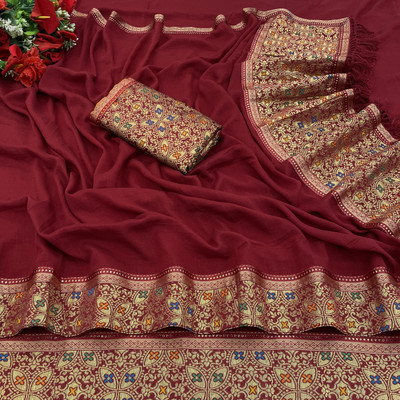Vrati Creation Solid/Plain Daily Wear Silk Blend Saree(Maroon)