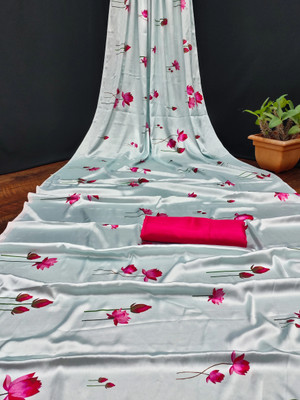 SHREESHA ENTERPRISE Floral Print Bollywood Satin Saree(Light Blue, Pink)