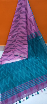 Manikant Handloom Printed Ikkat Cotton Blend Saree(Purple, Blue)