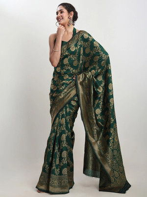 Janasya Woven Banarasi Silk Blend Saree(Dark Green)