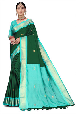 NST5 Woven Paithani Cotton Silk Saree(Dark Green, Light Blue)