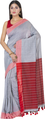 SAYAN CREATION Self Design Handloom Pure Cotton Saree(Grey, Red)