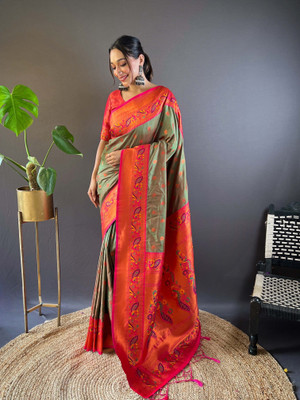 all about you Woven Paithani Silk Blend Saree(Green)