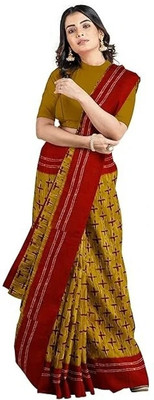 HouseOfCommon Printed Sambalpuri Pure Cotton Saree(Yellow, Red)