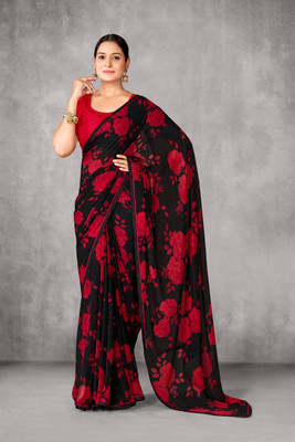 Nandita Printed Daily Wear Cotton Silk Saree(Black, Red)