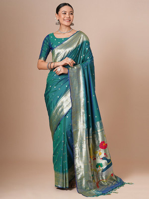 House of Pataudi Woven Paithani Silk Blend Saree(Green)
