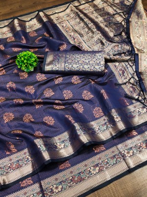 PHEASANT Woven, Embellished, Applique Kanjivaram Pure Silk, Art Silk Saree(Dark Blue)