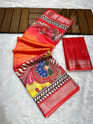 FULIYA SILK Printed, Graphic Print, Floral Print, Blocked Printed, Digital Print Hand Batik Linen Saree(Multicolor)