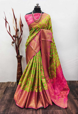 VAKHARIYAFAB Woven Kanjivaram Organza, Jacquard Saree(Light Green, Pink)