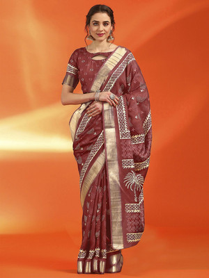 Anouk Rustic Printed Chinnalapattu Silk Blend Saree(Brown)