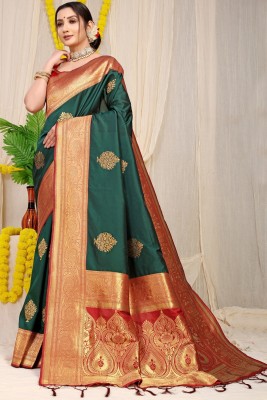 sarjan creation Paisley, Woven, Floral Print Banarasi Jacquard, Pure Silk Saree(Red, Green)