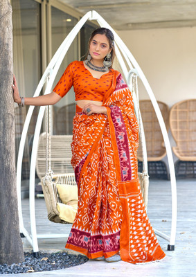 JASU CREATION Printed Handloom Pure Cotton Saree(Orange)