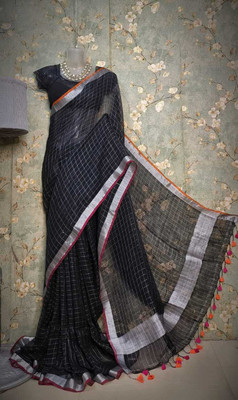 AMIT STORE Self Design Handloom Cotton Linen Saree(Black)