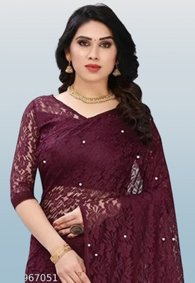 NEXA Solid/Plain Bollywood Net Saree(Maroon)