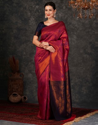 Samah Woven, Embellished, Self Design Banarasi Silk Blend, Jacquard Saree(Pink, Dark Blue)