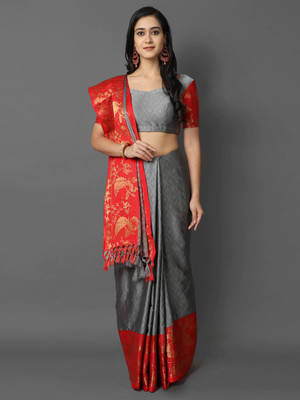 WINKLECART Woven, Solid/Plain Kasavu Jacquard, Cotton Silk Saree(Grey)