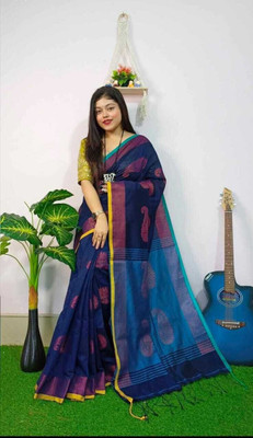 Amita Collections Self Design Hand Batik Cotton Silk Saree(Dark Blue)