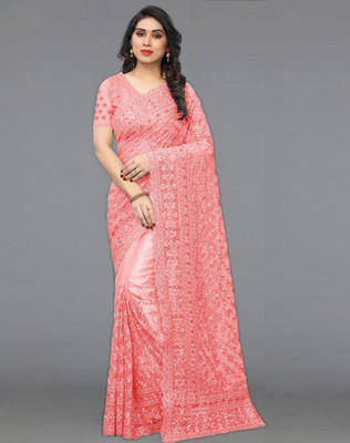 Noise Embroidered Bollywood Net Saree(Orange)