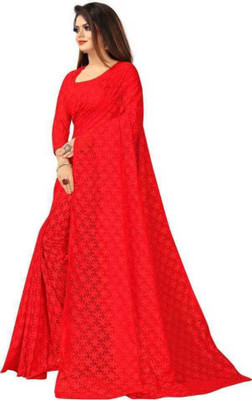 Verviza Self Design, Embroidered Bollywood Net Saree(Red)
