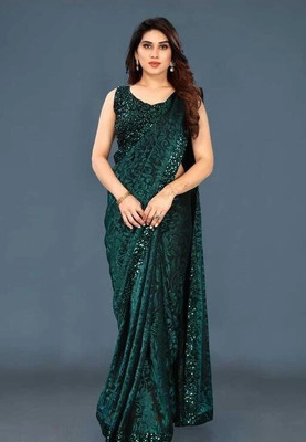 Rarebeauty Floral Print Bollywood Lycra Blend Saree(Green)