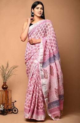 SEN TEXTILE Floral Print, Blocked Printed, Woven, Printed, Temple Border Tant Cotton Silk Saree(Pink)