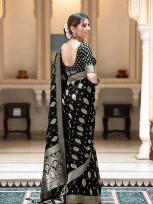 SEASON FAB Self Design, Applique, Blocked Printed, Checkered Banarasi Jacquard, Art Silk Saree(Black)