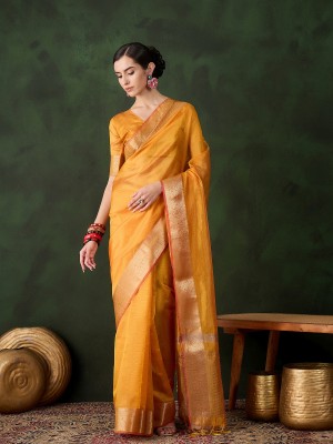 manvaa Woven Bollywood Organza Saree(Yellow)